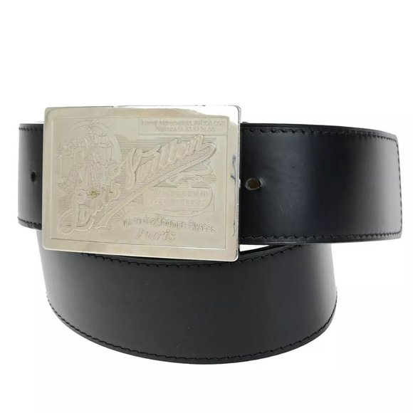 LOUIS VUITTON Logo Ceinture Jeans Belt Leather Black Silver Spain M6812 - Picture 1 of 15